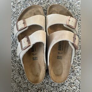Birkenstock Arizona Two-Strap Sandal in Light Beige with Rose Gold Buckles
